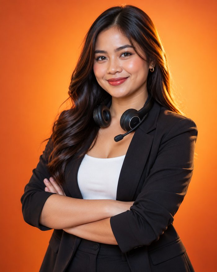 Confident Filipina virtual assistant with a headset